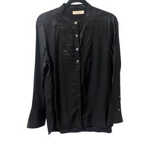 Canvas by Lands End Satin Tuxedo Blouse Black Button Up Shirt Womens Size 10